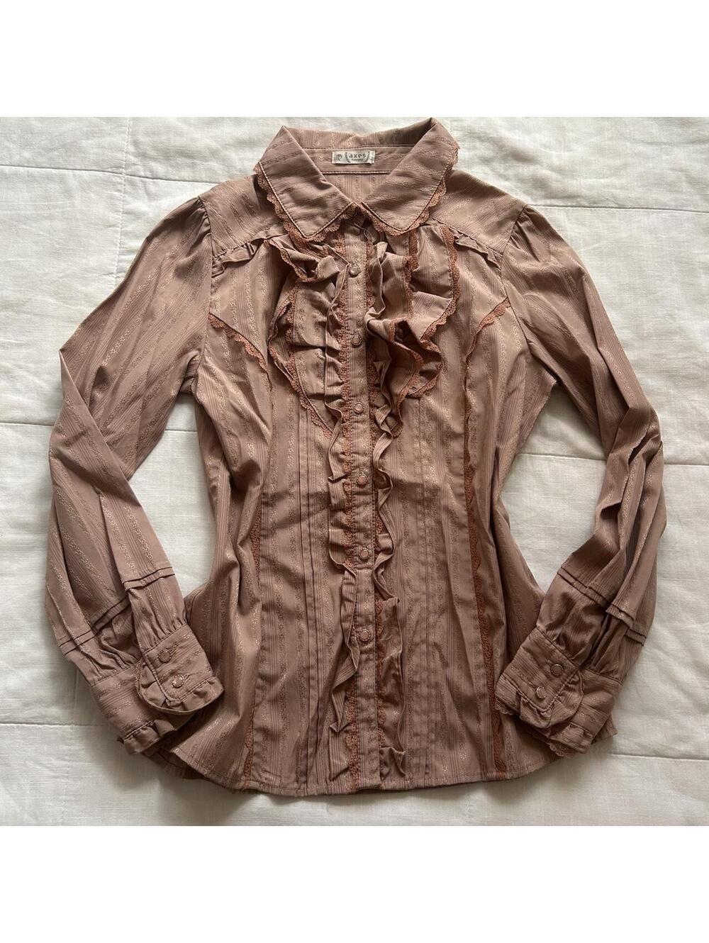 Axes Femme Dusty Mauve Pink Lace Ruffle Jacquard Blouse Long Sleeve M Japan
